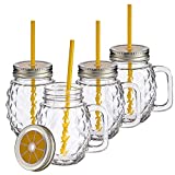 MamboCat Set de 4 vasos Sole con asa, tapa y pajita, color amarillo, 480 ml, vasos de cristal para batidos, cócteles, vasos Ice-Tea & Co I Vivalto con asa de tapón de rosca